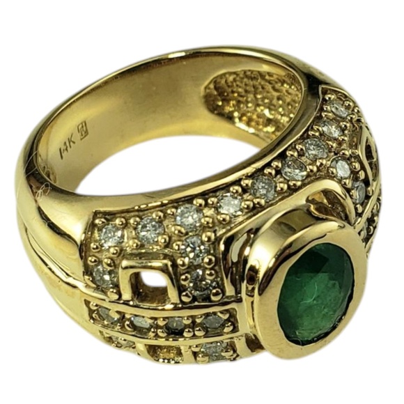 14K Yellow Gold Natural Emerald and Diamond Dome Ring Size 5.75 #21213 - Picture 3 of 9